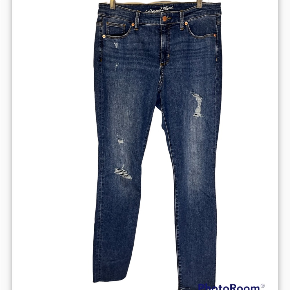 Universal Thread dark wash distressed mid rise skinny women’s jeans size 10